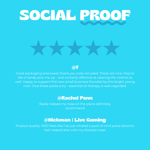 Customer testimonial and 5-star review graphic showcasing user feedback on the Sniffables Chillwave single pack for boosting alertness and productivity.