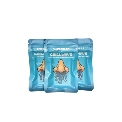 Sniffables Chillwave 3-pack aromatherpy cotton wicks infused with pure essential oils including lavender, peppermint, rosemary, and frankincense. Designed as a natural caffeine alternative for an instant morning boost, focus, and refreshing vibe.
